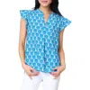 Gibsonlook Notch Neck Flutter Sleeve High-low Top In Blue Medallion Print