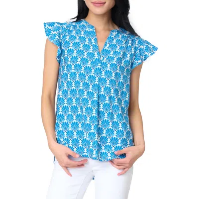 Gibsonlook Notch Neck Flutter Sleeve High-low Top In Blue Medallion Print