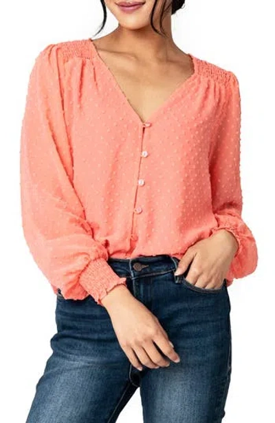 Gibsonlook Pin Dot Smocked Detail V-neck Blouse In Orange