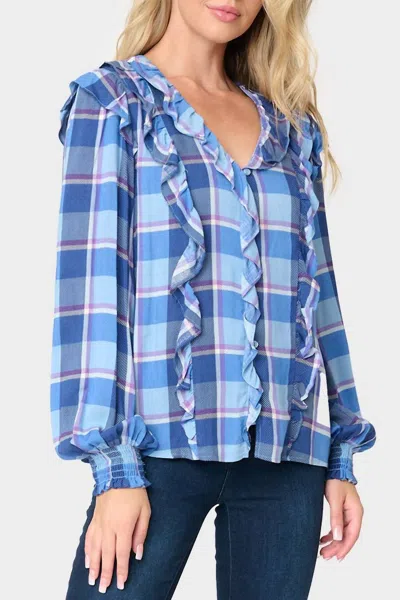 Gibsonlook Plaid Ruffle Detail Long Sleeve Shirt In Blue Plaid