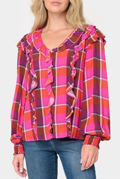 Gibsonlook Plaid Ruffle Detail Long Sleeve Shirt In Pink Plaid