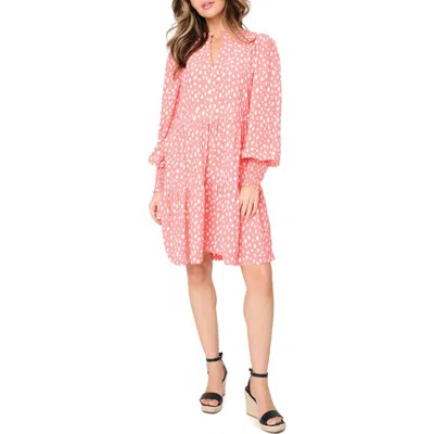 Gibsonlook Printed Tiered Long Sleeve Dress In Coral Abtract Dot