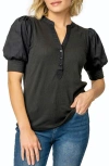 Gibsonlook Puff Sleeve Mixed Media Top In Black