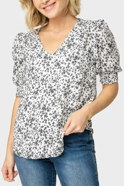 Gibsonlook Puff Sleeve V-neck Blouse In White Black Floral In Gray