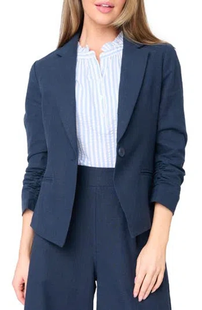 Gibsonlook Ruched Sleeve Linen Blend Blazer In Blue