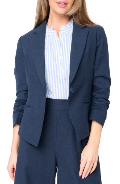 Gibsonlook Ruched Sleeve Linen Blend Blazer In Dark Navy