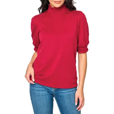 Gibsonlook Ruffle Mock Neck Puff Sleeve Sweater In Cranberry