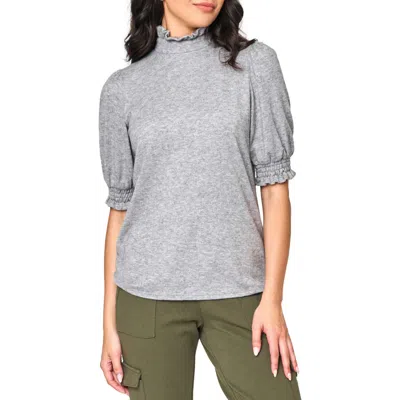 Gibsonlook Ruffle Mock Neck Puff Sleeve Sweater In Heather Grey