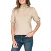 Gibsonlook Ruffle Mock Neck Puff Sleeve Sweater In Oatmeal Sand