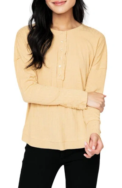 Gibsonlook Ruffle Trim Pointelle High-low Henley In Yellow
