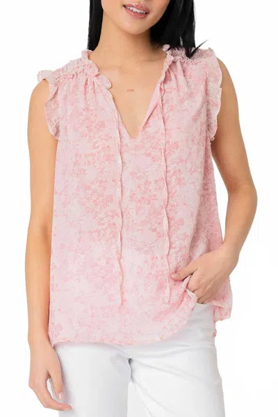 Gibsonlook Ruffle Trimmed V-neck Blouse In Off White Blush Print In Multi