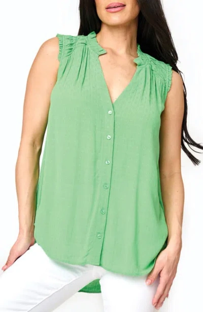 Gibsonlook Sleeveless Smocked Shoulder Button-up Top In Midori Green
