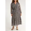 Gibsonlook The Leyla Print Smocked Long Sleeve Maxi Dress In Gray