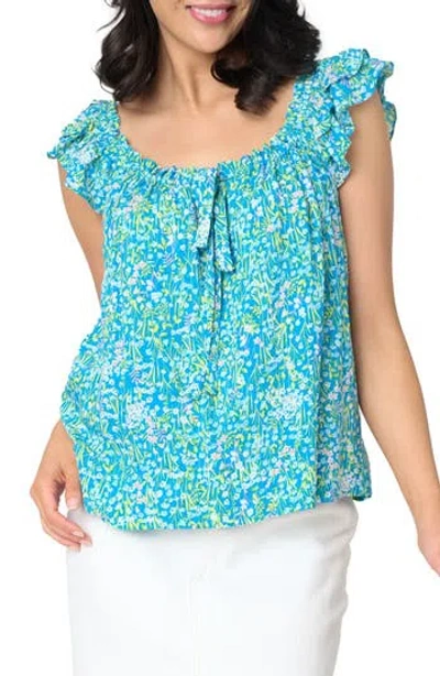 Gibsonlook Tie Neck Flutter Sleeve Top In Blue