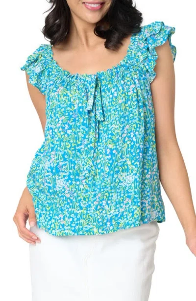 Gibsonlook Tie Neck Flutter Sleeve Top In Pretty Meadow Blue Floral