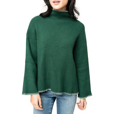 Gibsonlook Whipstitch Trim Rib Sweater In Green Forest Ivory