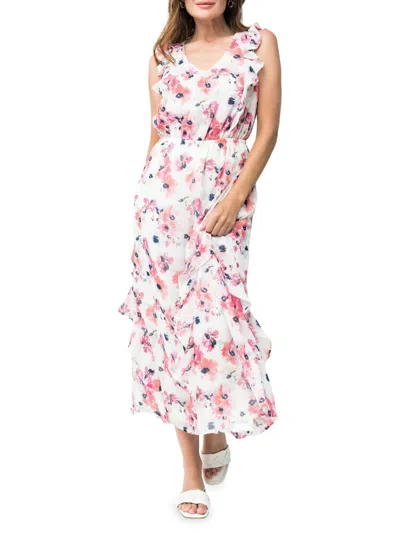 Gibsonlook Women's Floral Ruffle Trim Maxi Dress In White Coral