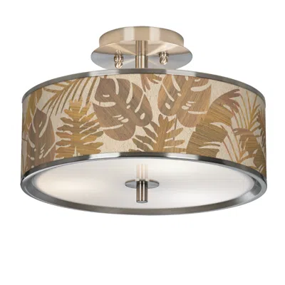Giclee Glow 14" Wide Tropical Woodwork Drum Semi-flush Ceiling Light