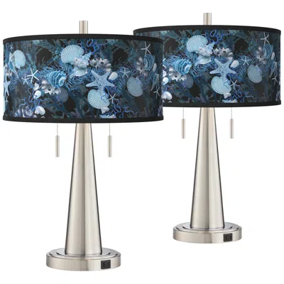 Giclee Glow Blue Seas Vicki Brushed Nickel Usb Table Lamps Set Of 2