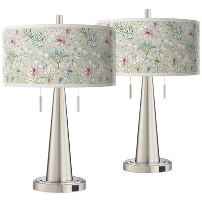Giclee Glow Botanical Vicki Brushed Nickel Usb Table Lamps Set Of 2