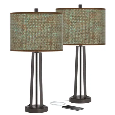 Giclee Glow Bronze 25 1/2" Interweave Patina Shade Usb Lamps Set Of 2