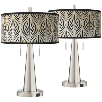 Giclee Glow Calathea Gem Vicki Brushed Nickel Usb Table Lamps Set Of 2