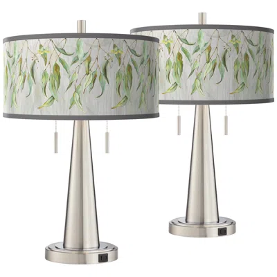 Giclee Glow Eucalyptus Vicki Brushed Nickel Usb Table Lamps Set Of 2