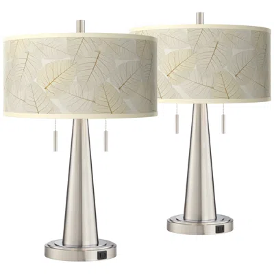 Giclee Glow Fall Leaves Vicki Brushed Nickel Usb Table Lamps Set Of 2