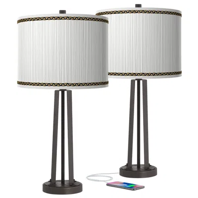 Giclee Glow Faux Pleated Giclee Print Modern Bronze Usb Table Lamps Set Of 2