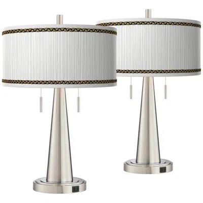 Giclee Glow Faux Pleated Giclee Print Shades With Modern Usb Table Lamps Set Of 2