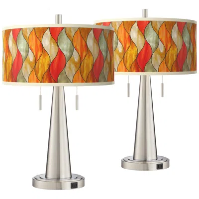 Giclee Glow Flame Mosaic Vicki Brushed Nickel Usb Table Lamps Set Of 2