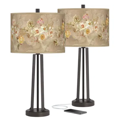 Giclee Glow Floral Spray Susan Dark Bronze Usb Table Lamps Set Of 2