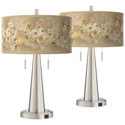 Giclee Glow Floral Spray Vicki Brushed Nickel Usb Table Lamps Set Of 2
