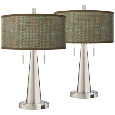 Giclee Glow Interweave Patina Vicki Brushed Nickel Usb Table Lamps Set Of 2