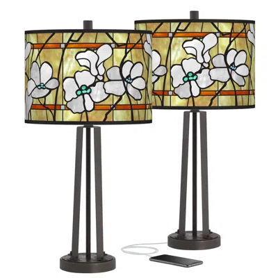Giclee Glow Magnolia Mosaic Susan Dark Bronze Usb Table Lamps Set Of 2