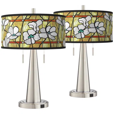 Giclee Glow Magnolia Mosaic Vicki Brushed Nickel Usb Table Lamps Set Of 2