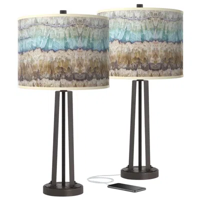Giclee Glow Marble Jewel  Dark Bronze Modern Usb Table Lamps Set Of 2