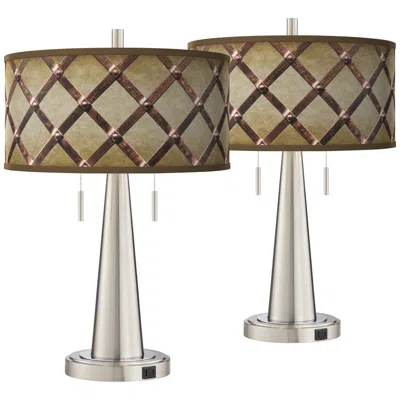 Giclee Glow Metal Weave Vicki Brushed Nickel Usb Table Lamps Set Of 2