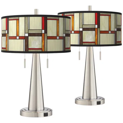 Giclee Glow Modern Squares Vicki Brushed Nickel Usb Table Lamps Set Of 2