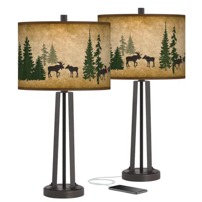 Giclee Glow Moose Lodge Susan Dark Bronze Usb Table Lamps Set Of 2