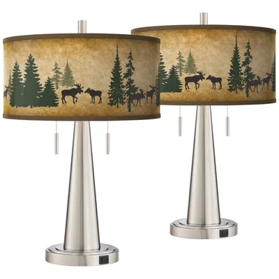 Giclee Glow Moose Lodge Vicki Brushed Nickel Usb Table Lamps Set Of 2