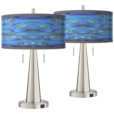 Giclee Glow Oceanside Vicki Brushed Nickel Usb Table Lamps Set Of 2