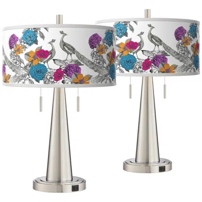 Giclee Glow Peacocks In The Garden I Vicki Nickel Usb Table Lamps Set Of 2