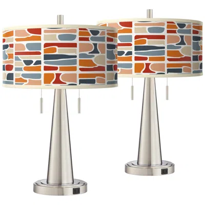 Giclee Glow Retro Cobblestones Vicki Brushed Nickel Usb Table Lamps Set Of 2