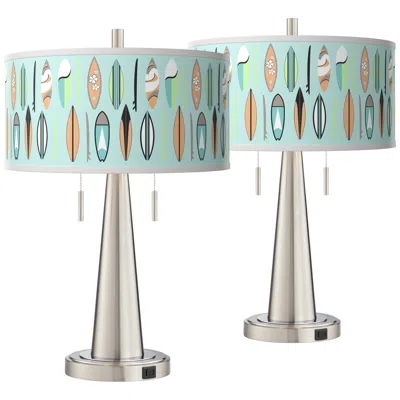 Giclee Glow Retro Surf Vicki Brushed Nickel Usb Table Lamps Set Of 2