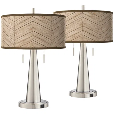 Giclee Glow Rustic Woodwork Vicki Brushed Nickel Usb Table Lamps Set Of 2