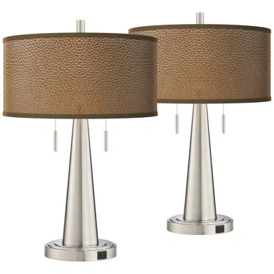 Giclee Glow Simulated Leatherette Vicki Nickel Usb Table Lamps Set Of 2