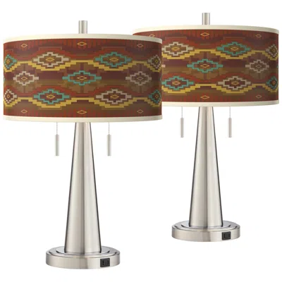 Giclee Glow Southwest Sienna Vicki Brushed Nickel Usb Table Lamps Set Of 2