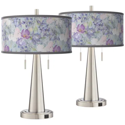 Giclee Glow Spring Flowers Vicki Brushed Nickel Usb Table Lamps Set Of 2