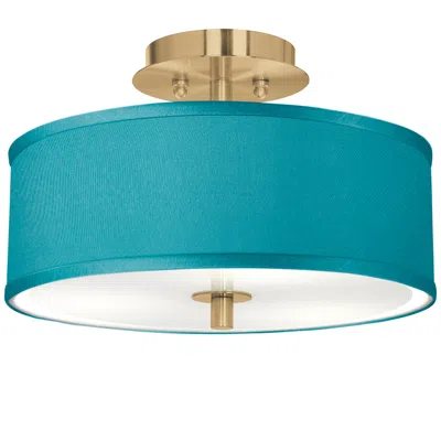 Giclee Glow Teal Blue Faux Silk Gold 14" Wide Ceiling Light